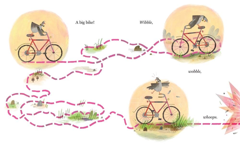 Illustration showing a crow riding a red bike on a winding path from Big Bike, Little Bike.