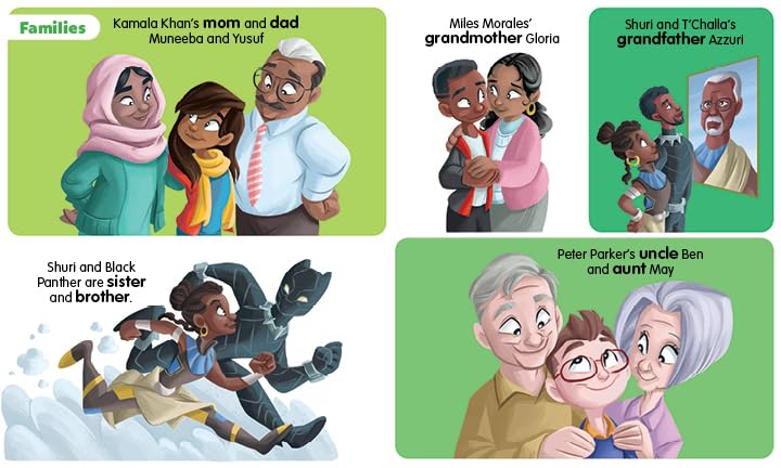 Marvel Beginnings: First 100 Words board book featuring Marvel families like Kamala Khan, Miles Morales, and Peter Parker's relatives.