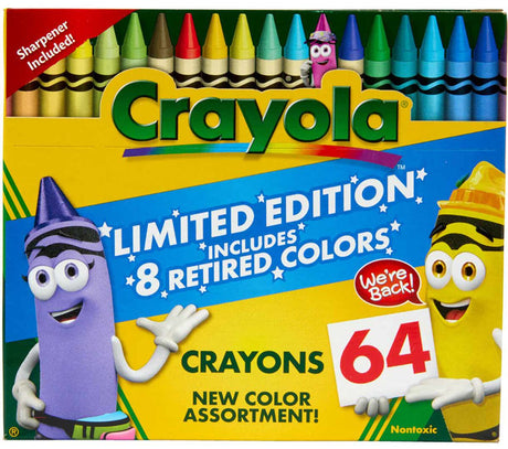 Crayons 64 Pack Limited Edition with 64 vibrant retired colors, double wrapped for strength, perfect for kids and artists.