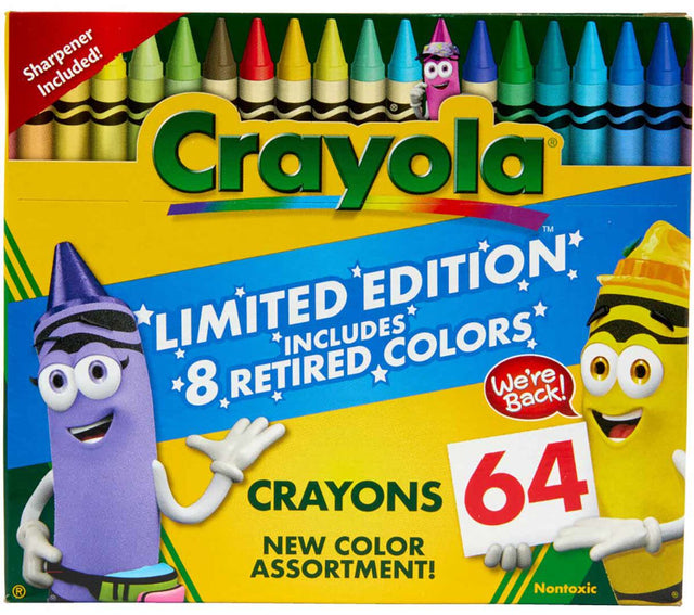 Crayons 64 Pack Limited Edition with 64 vibrant retired colors, double wrapped for strength, perfect for kids and artists.