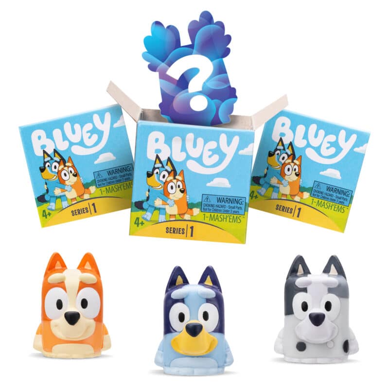 Mash'Ems Bluey collectible squishy characters including Bluey, Bingo, Lucky, and an ultra-rare mystery figure in box packaging.