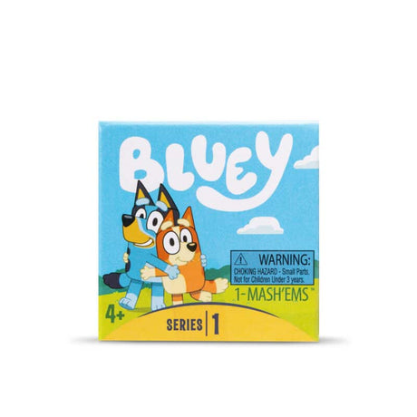 Mash'Ems Bluey collectible squishy toy packaging featuring Bluey and Bingo on a blue sky background.