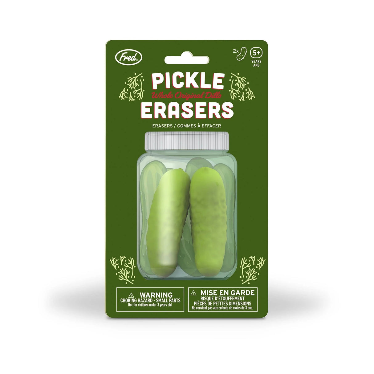 Pickle Erasers packaging showing two realistic mini pickle-shaped erasers made of BPA-free TPR for kids 5 and up.