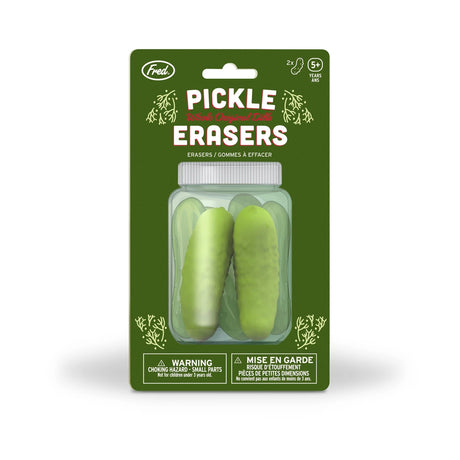 Pickle Erasers packaging showing two realistic mini pickle-shaped erasers made of BPA-free TPR for kids 5 and up.