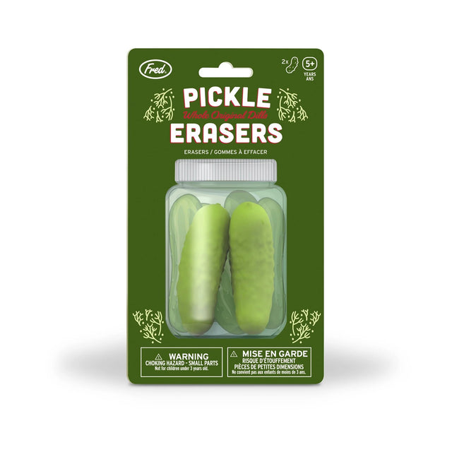 Pickle Erasers packaging showing two realistic mini pickle-shaped erasers made of BPA-free TPR for kids 5 and up.