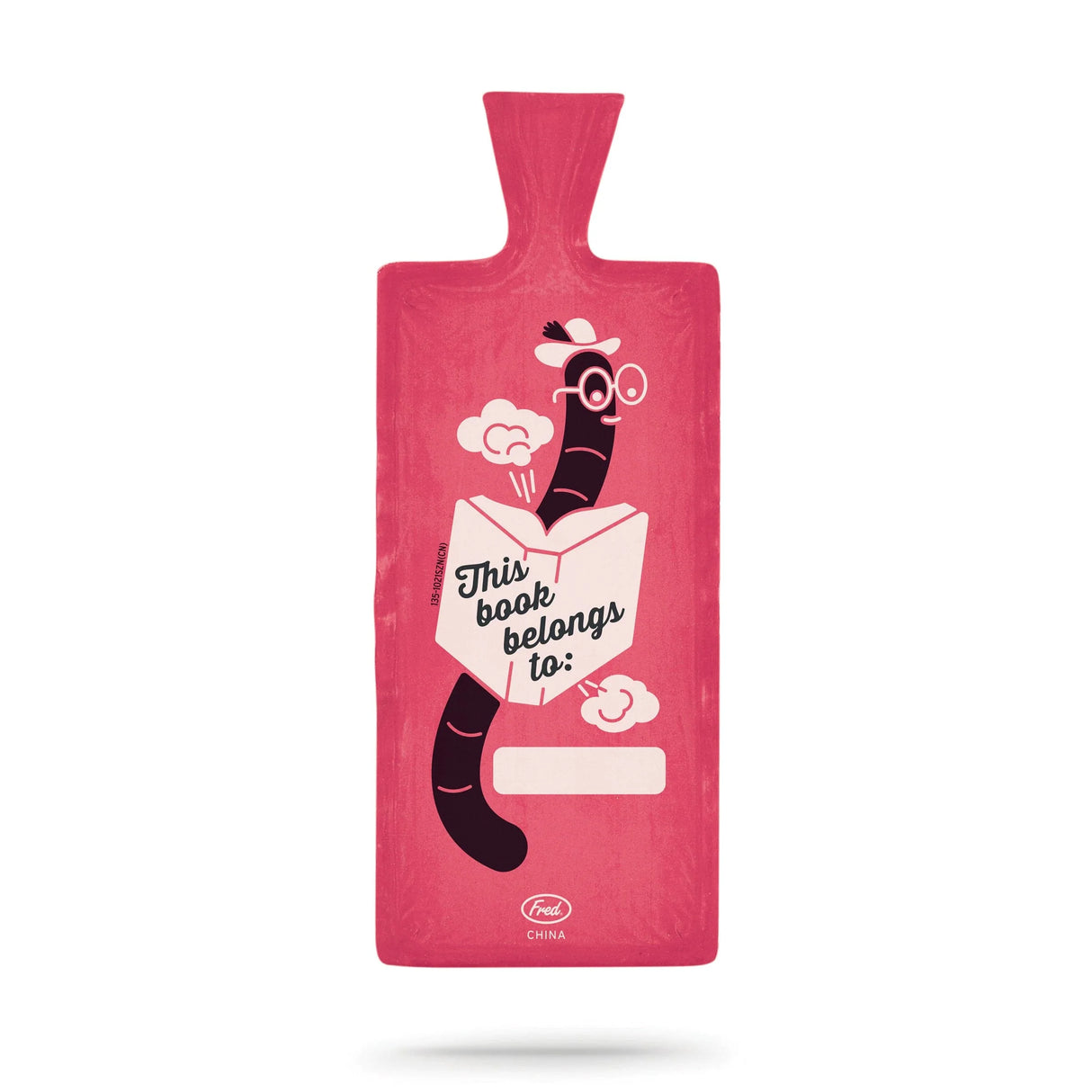 Bookie Cushion Bookmark in red with cartoon worm reading a book and playful fart gag design on front.