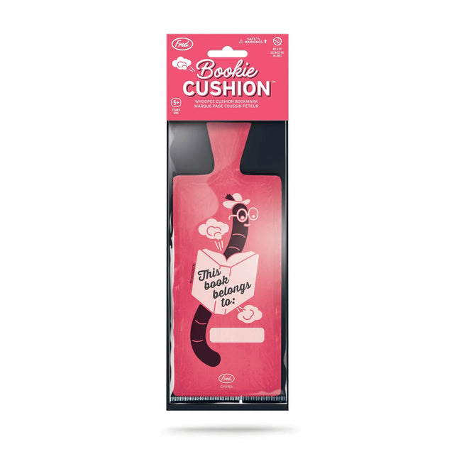 Bookie Cushion Bookmark in packaging, a whoopee cushion bookmark with a worm reading "This book belongs to" on pink background.