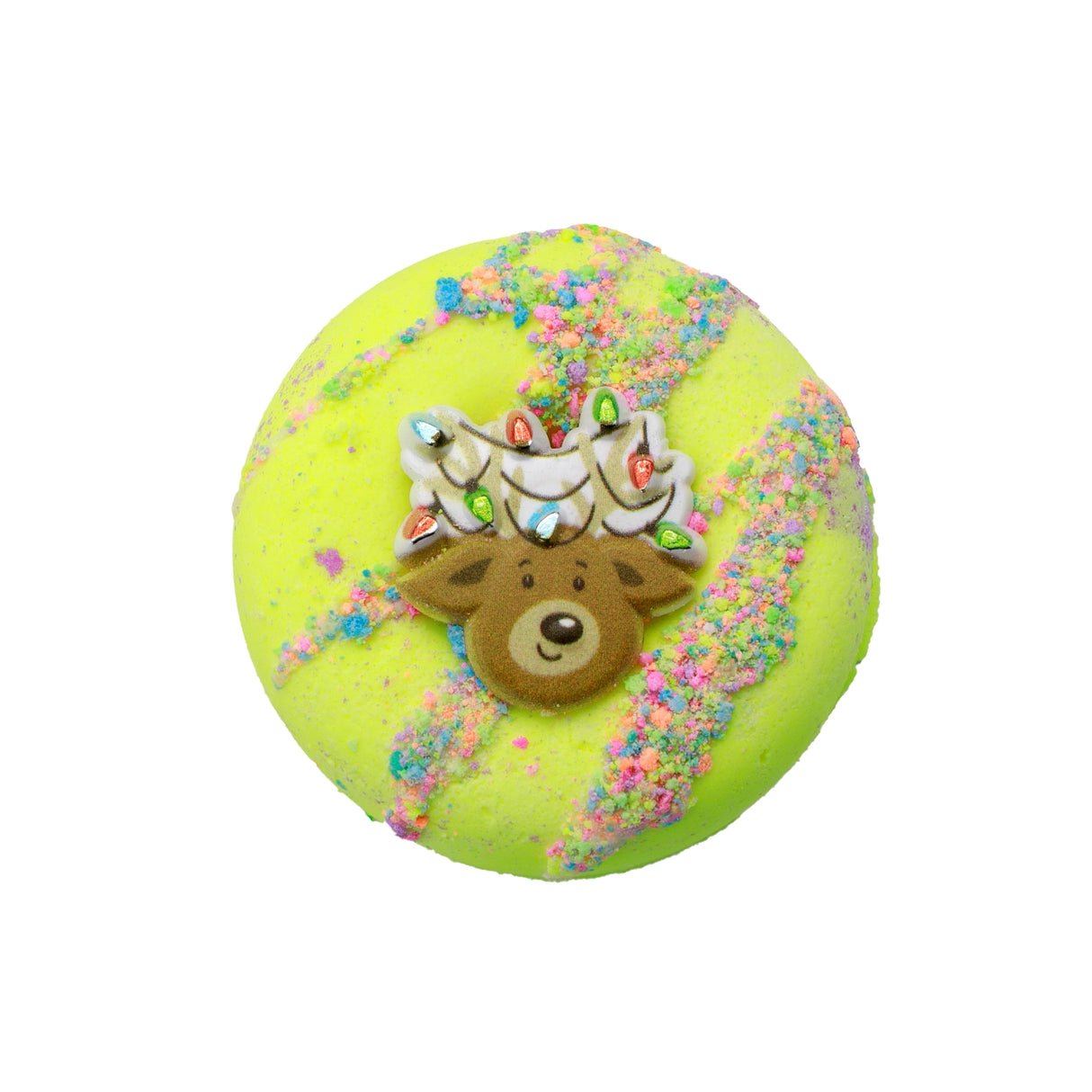 Donut Holiday Reindeer Bath Bomb with colorful sprinkles and a reindeer decoration, made with natural ingredients.