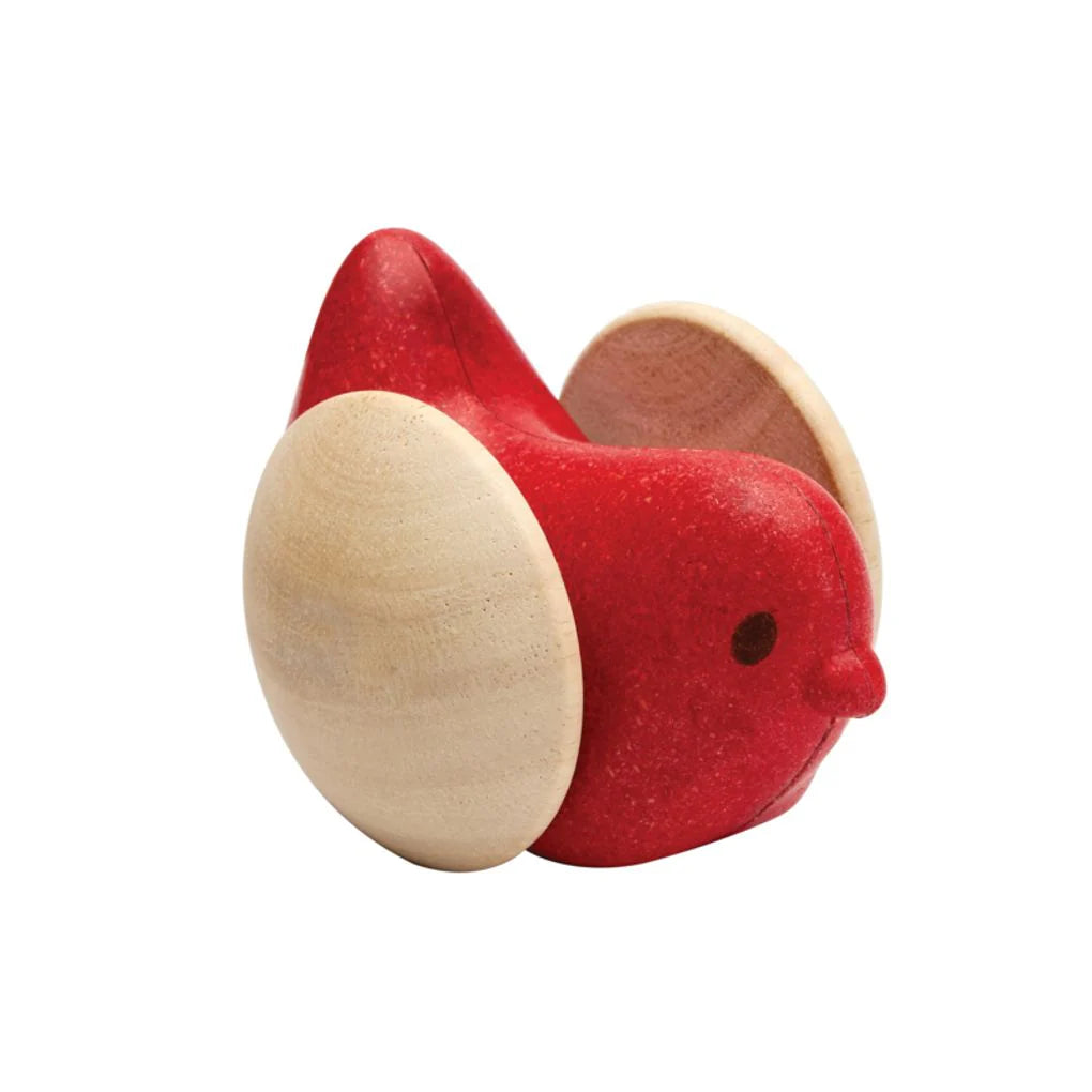 Bird Roller wooden toy in red with natural wheels, designed for fine motor skills and hand-eye coordination in children.