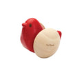 Bird Roller wooden toy with red bird body and natural wheels designed for fine motor skill development.