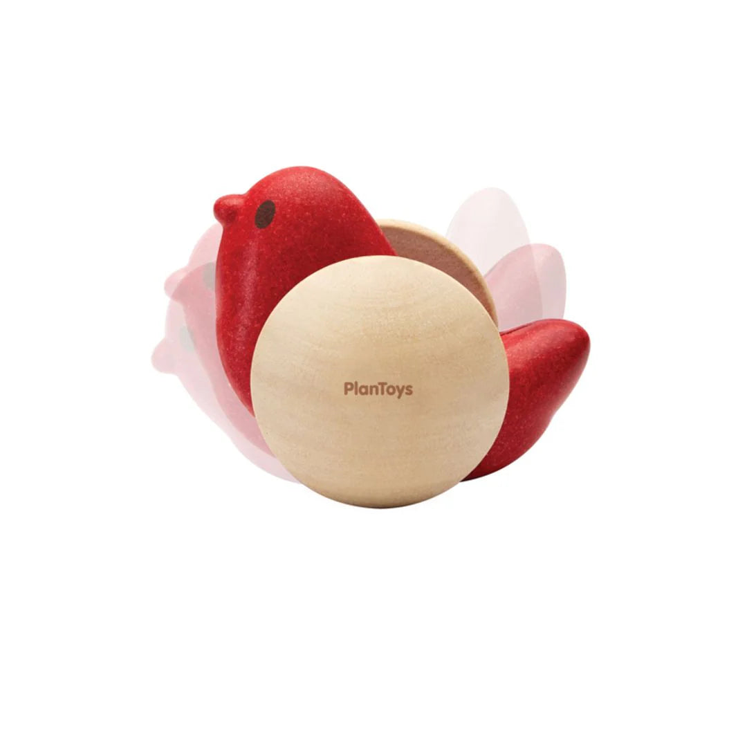 Bird Roller wooden toy with red bird head bobbing, easy grip, encourages motor skills and hand-eye coordination for kids.