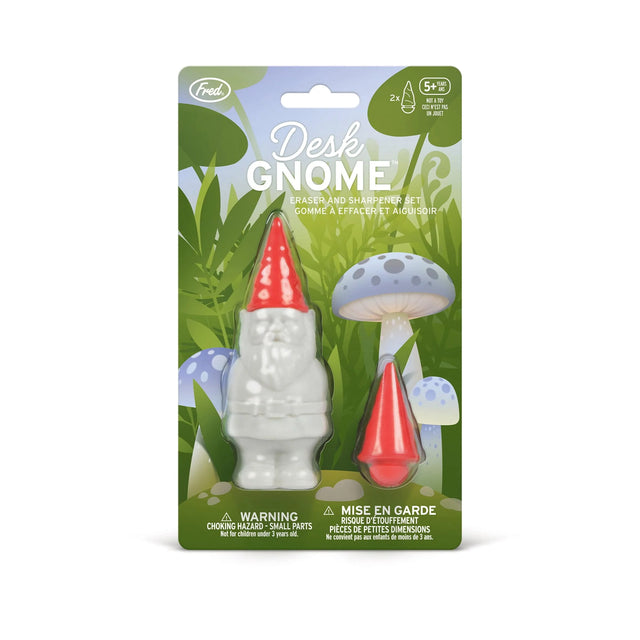 Desk Gnome pencil pal with sharpener base and red eraser hat, includes extra eraser hat, perfect writing accessory.