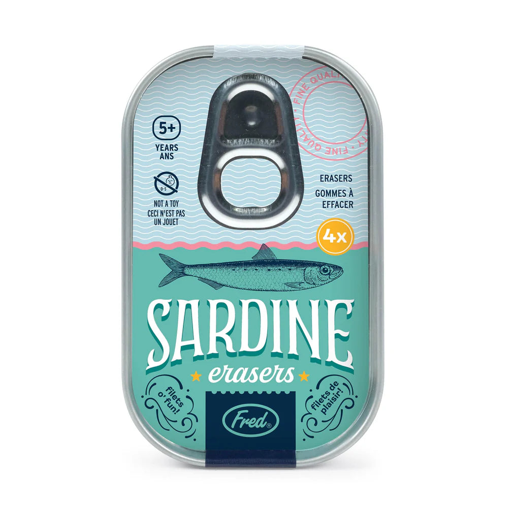 Metal tin containing four fish-shaped sardine erasers made of BPA-free TPU rubber for kids ages 5 and up