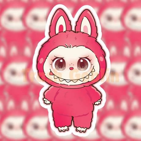 Cute hot pink vinyl sticker of a character in a bunny suit with big eyes and a playful grin