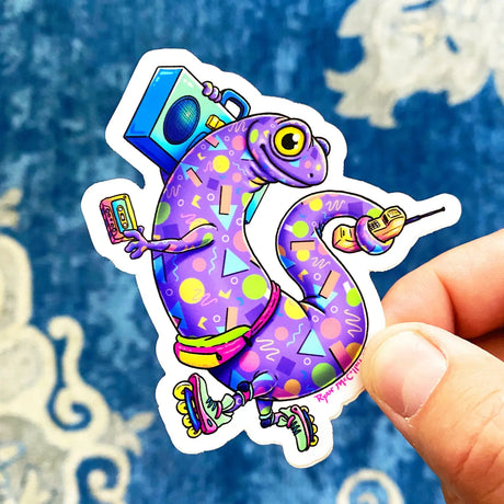 90's Salamander Sticker featuring a purple salamander with roller blades, boom box, cassette tape, and fanny pack.