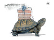 Illustration of a tortoise carrying a slice of cake on its back for the Tortoise Cake Card product.