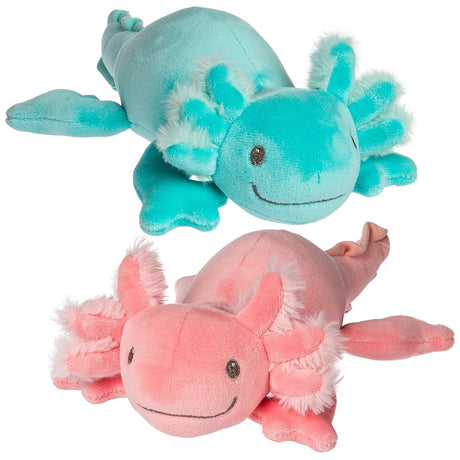 Two Smootheez Axolotl Bubbles plush toys in blue and pink with super soft velour pillow-like bodies.