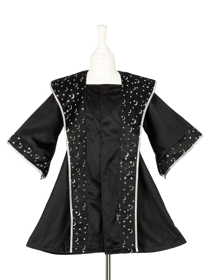 Black wizard coat with silver moon and star patterns, wide sleeves, and a pointed collar for children aged 4 to 8.