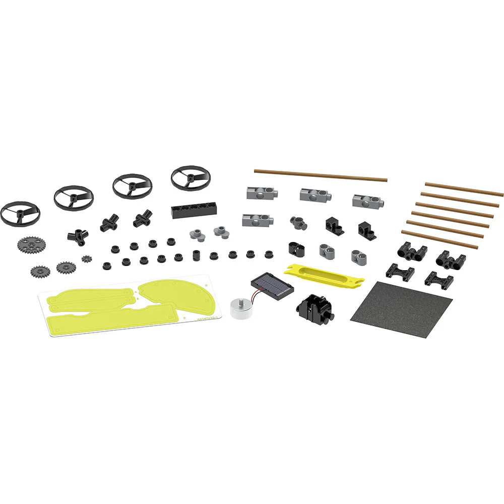 Solar-Powered Rovers kit parts laid out including gears, bamboo rods, solar panel, and connectors for building motorized models.
