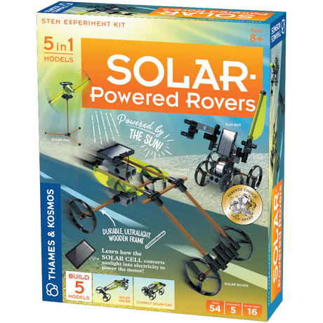 Solar-Powered Rovers kit showcasing five motorized solar models with ultralight wooden frames and a powerful solar panel.
