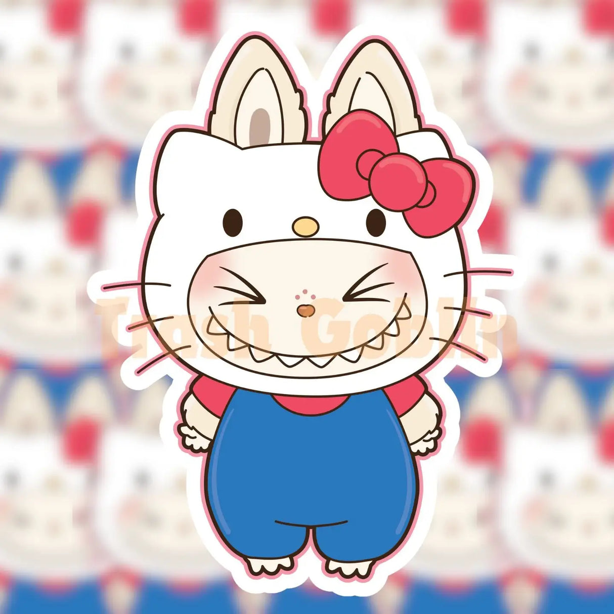 Cute Labubu character dressed as a mischievous kitty with a big smile on a vinyl sticker design