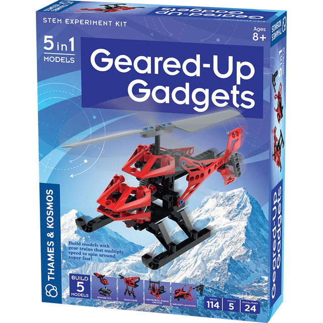 Geared Up Gadgets STEM kit featuring a red helicopter model with spinning rotor for ages 8 and up.