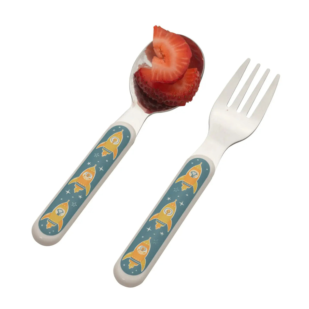 Kids silverware set with fork and spoon featuring yellow rockets on soft blue handles sized for little hands