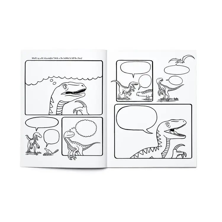 Open dinosaur-themed coloring and activity book page with blank comic-style speech bubbles for creative expression