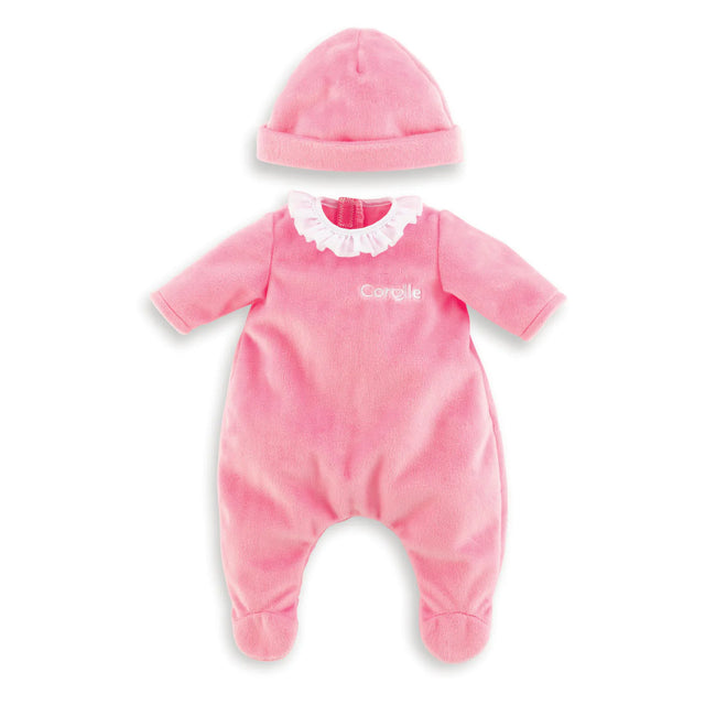 12in Pink Pajamas for Mon Premier Corolle dolls, soft pink fabric with white ruffle collar and matching hat.
