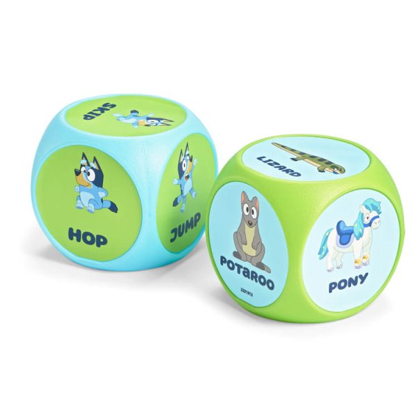 Bluey Wackadoo Workout Dice featuring colorful action and animal illustrations for playful movement games.
