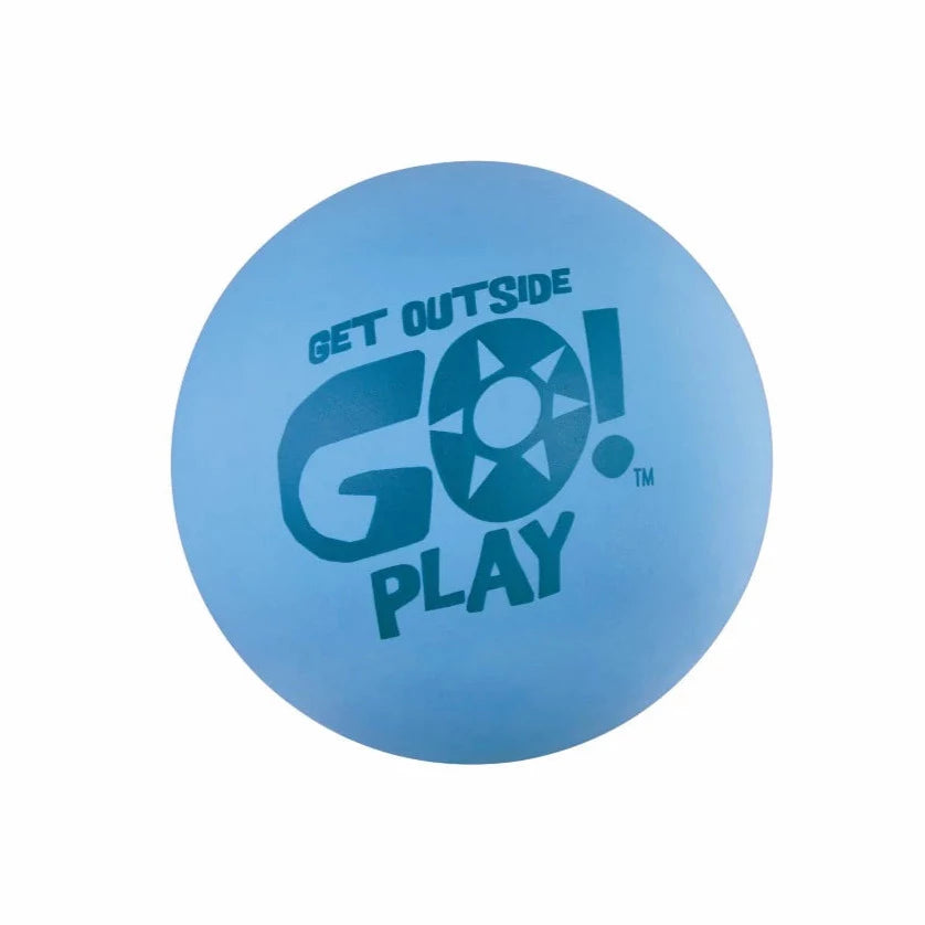 Hi-Bounce Stickball in blue with "Get Outside Go Play" text, made of soft, bouncy latex rubber material.