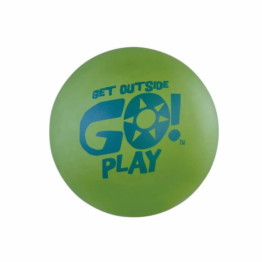 Hi-Bounce Stickball in green with "Get Outside Go! Play" text, soft, bouncy latex rubber for outdoor fun.