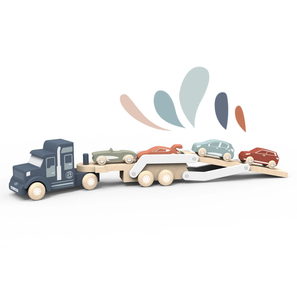Wooden car transporter truck toy with double-deck trailer and four colorful wooden cars for creative play.