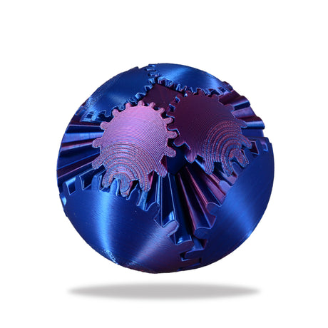 Gear Ball showing interconnected metallic gears in blue and purple, a durable shape-shifting tactile toy.