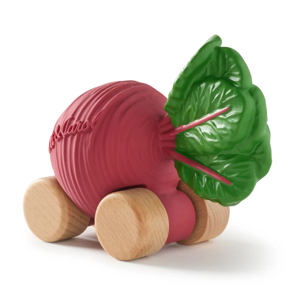 Eco-friendly baby toy car shaped like a beetroot with natural wood wheels and soft green leaf details.
