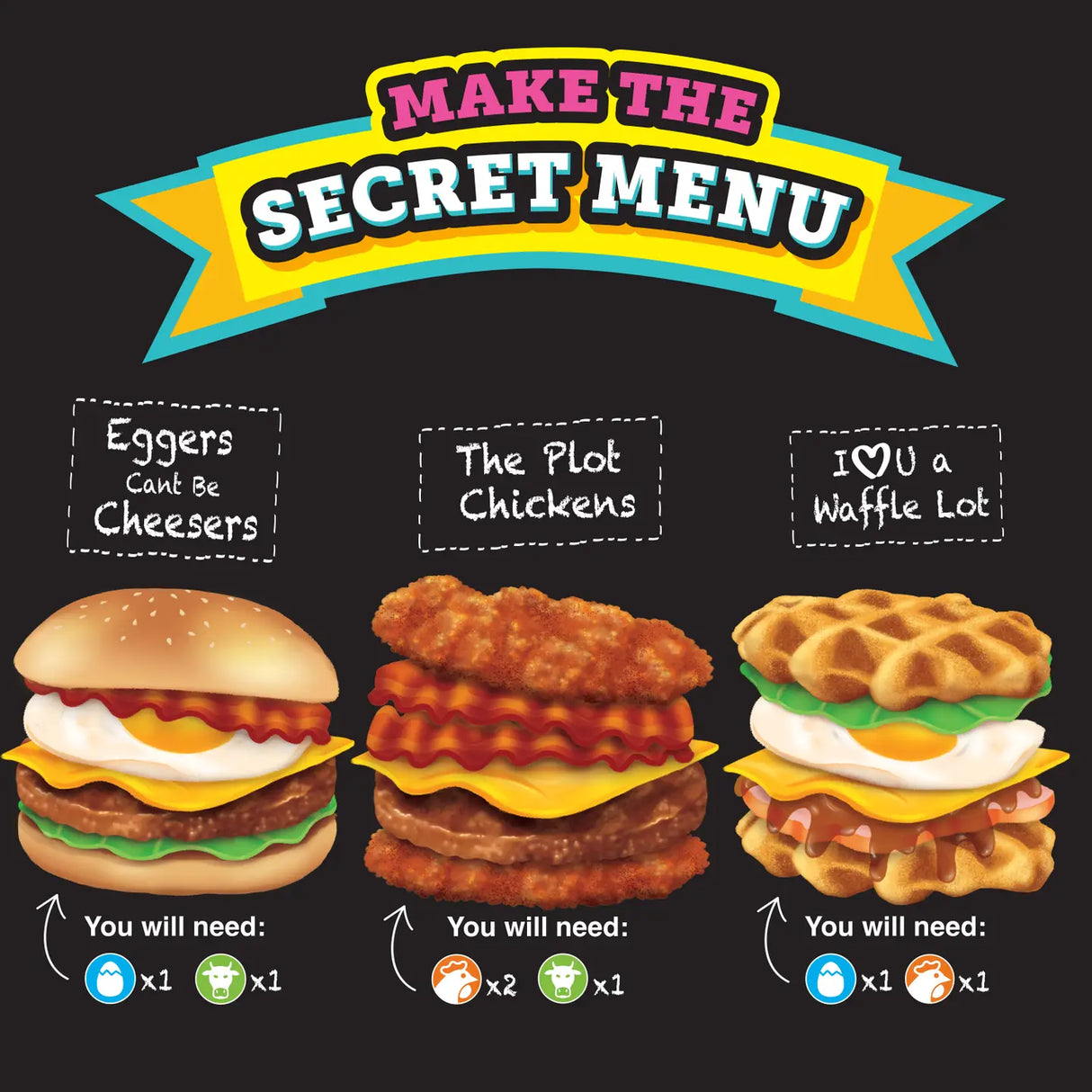 Stretchee Foodz Secret Menu Squishy featuring burger, chicken sandwich, and waffle sandwich squishy toys.