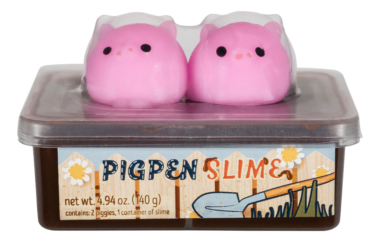 Pigpen Slime with two pink squishy piglets and a resealable container of brown gooey slime for kids.