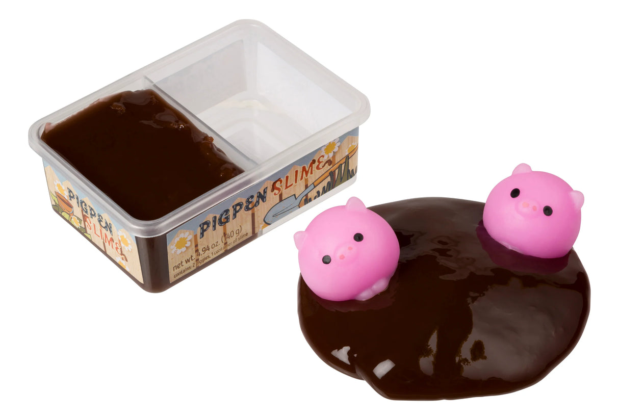 Pigpen Slime with two squishy pink piglets and shiny brown gooey mud slime in a resealable container.