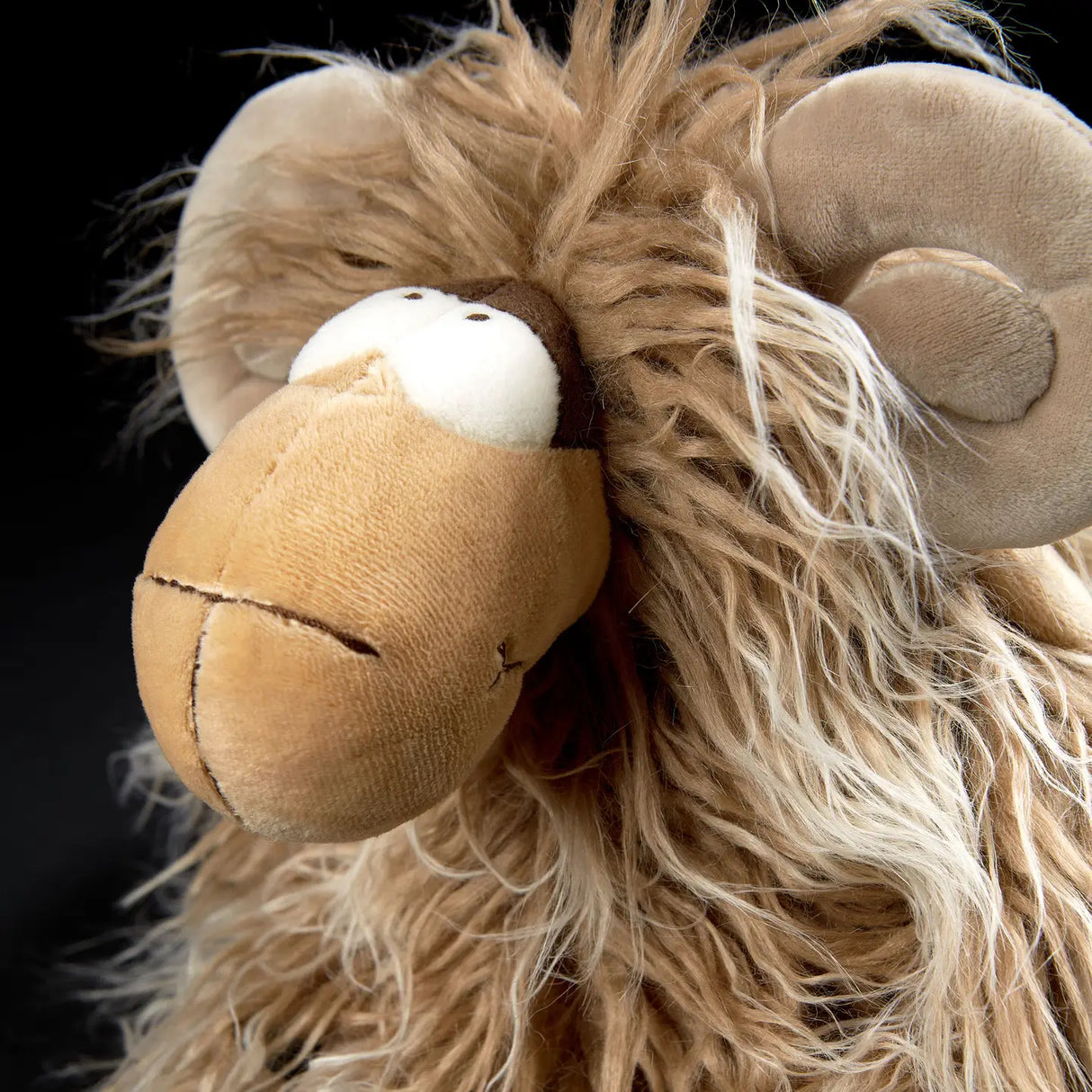 Plush Mufflon Muff with curly wool and large horns, 11.8-inch mountaineer-inspired stuffed animal toy.