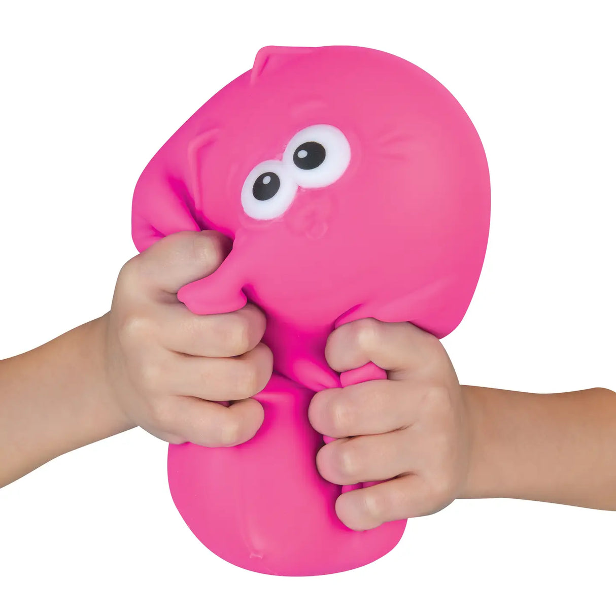 Child squeezing a bright pink Easy Sqweezy Chunky Kitty stress toy showing its soft, squishy texture.