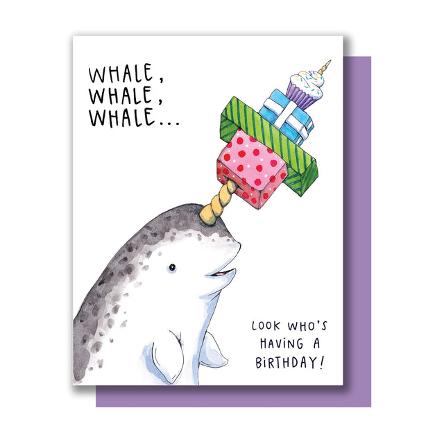 Narwhal With Presents Card featuring a watercolor narwhal with birthday gifts balanced on its tusk and handlettered text.