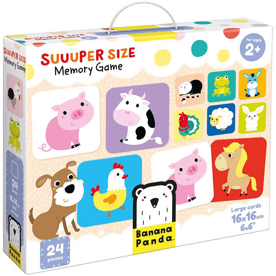 Suuuper Size Memory Game with extra-large animal cards for kids aged 2+, featuring farmhouse friends and bright colors.