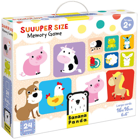 Suuuper Size Memory Game with extra-large animal cards for kids aged 2+, featuring farmhouse friends and bright colors.