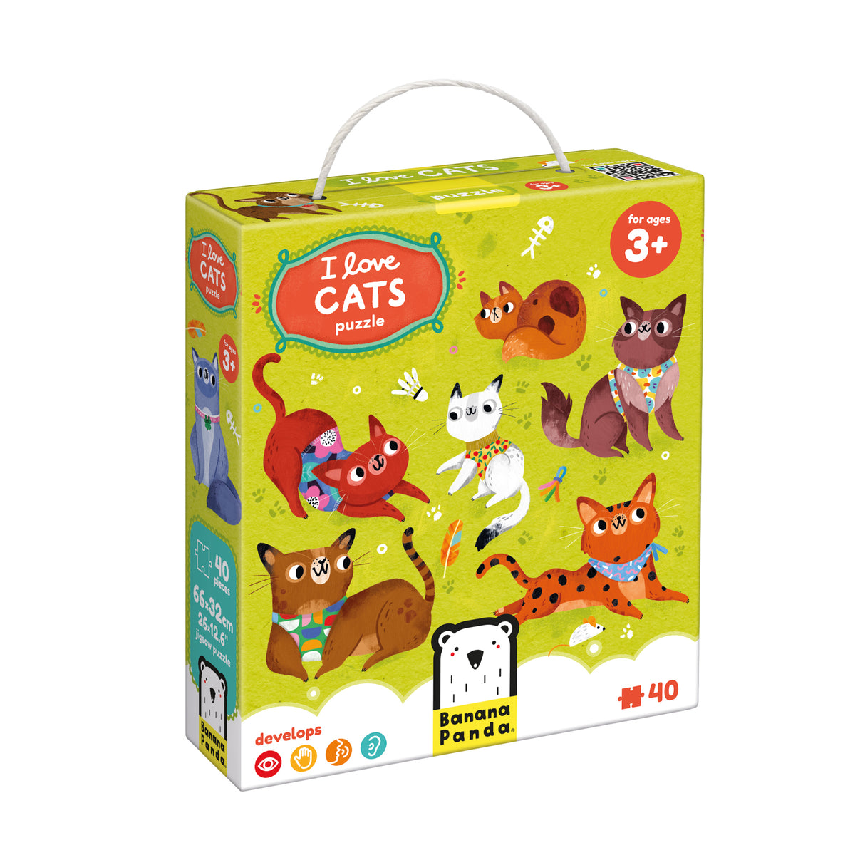 40pc I Love Cats Puzzle featuring 10 colorful cats designed for ages 3+ to boost motor skills and fun.
