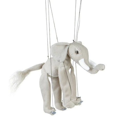 Marionette Small | Elephant string puppet in light fabric with control bar for hopping and dancing motions.