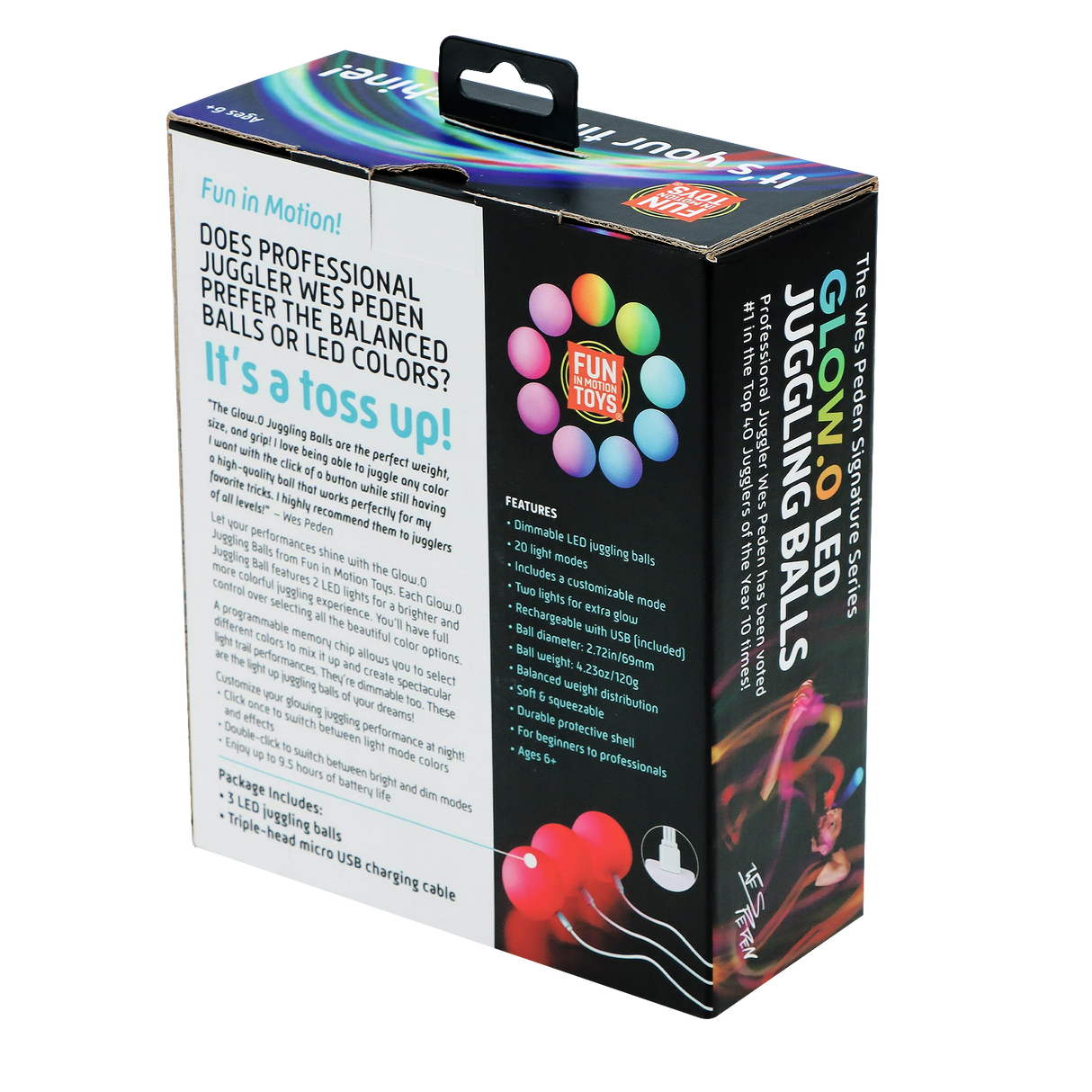 Glow.0 LED Juggling Balls packaging showing features, colors, and rechargeable LED juggling balls for performers.