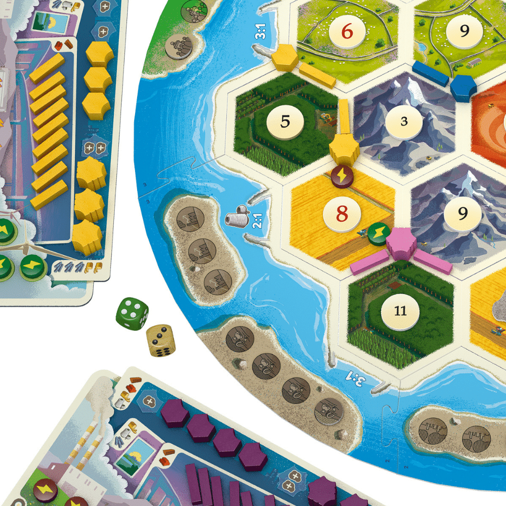 Catan: New Energies game board showing hex tiles, resource pieces, and energy tokens for strategic play.