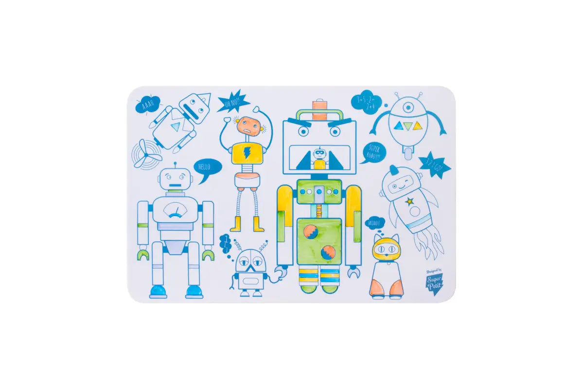 Mini Play Mat Robot reversible silicone drawing mat with colorful robot designs and four markers for creative kids.