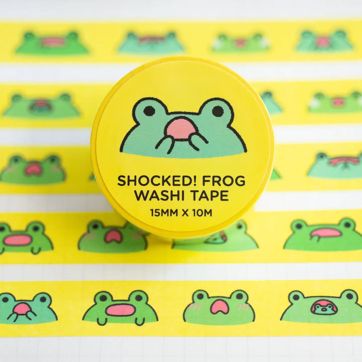 Washi Tape Shocked Frog roll showing green frog faces with surprised expressions on yellow background.