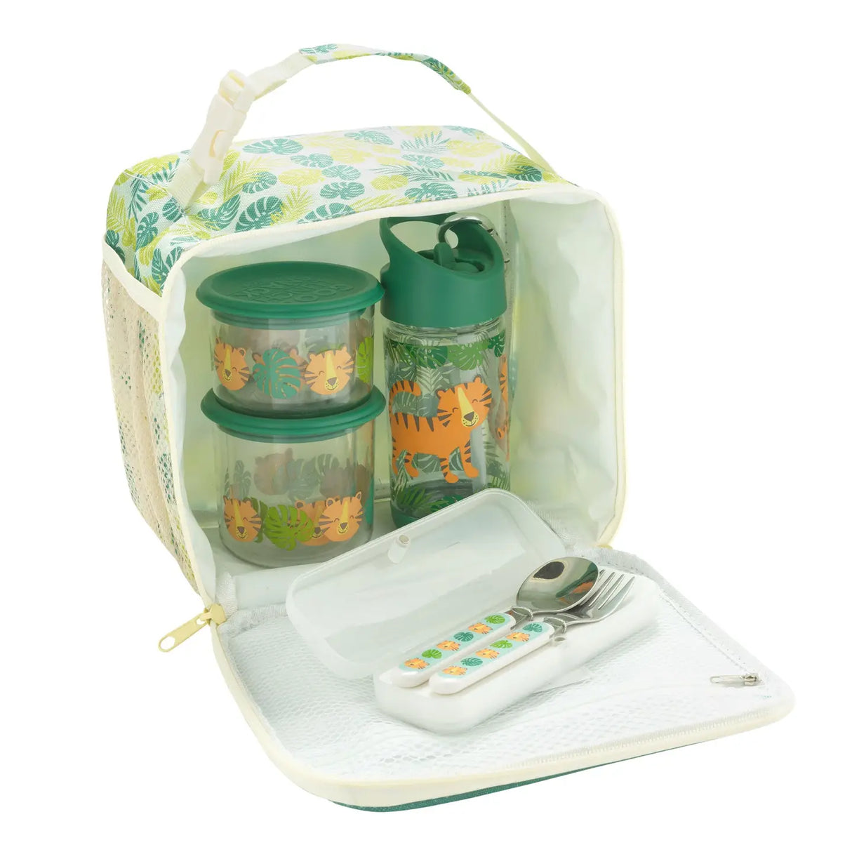 Insulated lunch tote with playful tiger design, carrying handle, three pockets, and utensils included for kids on the go